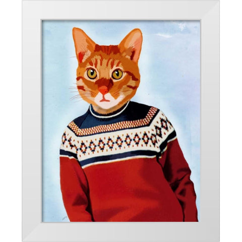 Cat in Ski Sweater White Modern Wood Framed Art Print by Fab Funky