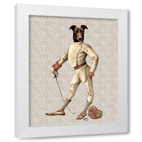 Greyhound Fencer in Cream Full White Modern Wood Framed Art Print by Fab Funky