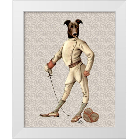 Greyhound Fencer in Cream Full White Modern Wood Framed Art Print by Fab Funky