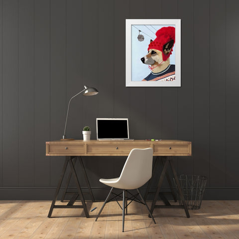 Dog in Ski Sweater White Modern Wood Framed Art Print by Fab Funky