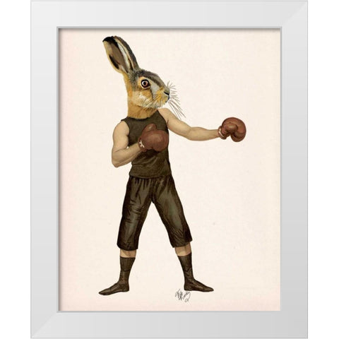 Boxing Hare White Modern Wood Framed Art Print by Fab Funky