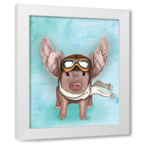 Aviator Piggy White Modern Wood Framed Art Print by Fab Funky