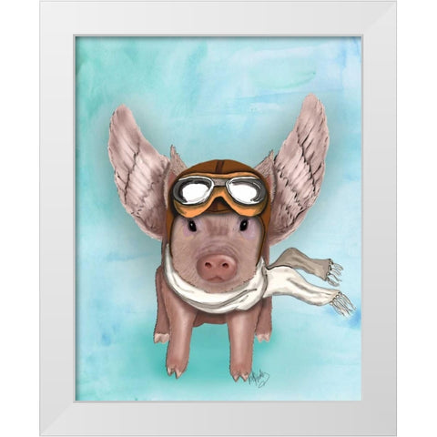 Aviator Piggy White Modern Wood Framed Art Print by Fab Funky