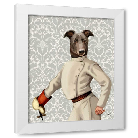 Greyhound Fencer in Cream Portrait White Modern Wood Framed Art Print by Fab Funky