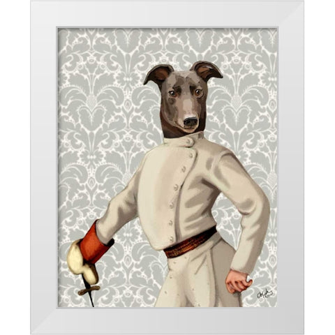 Greyhound Fencer in Cream Portrait White Modern Wood Framed Art Print by Fab Funky