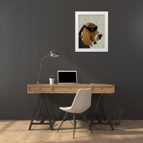 Ninja Basset Hound Dog White Modern Wood Framed Art Print by Fab Funky