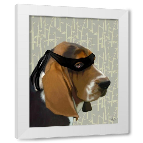Ninja Basset Hound Dog White Modern Wood Framed Art Print by Fab Funky