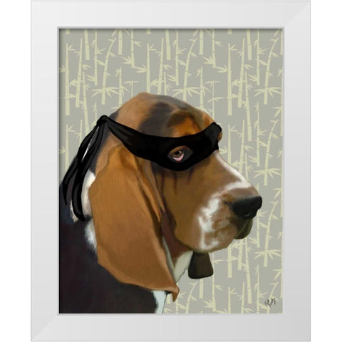 Ninja Basset Hound Dog White Modern Wood Framed Art Print by Fab Funky
