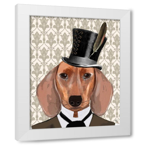 Dachshund Dog With Top Hat White Modern Wood Framed Art Print by Fab Funky