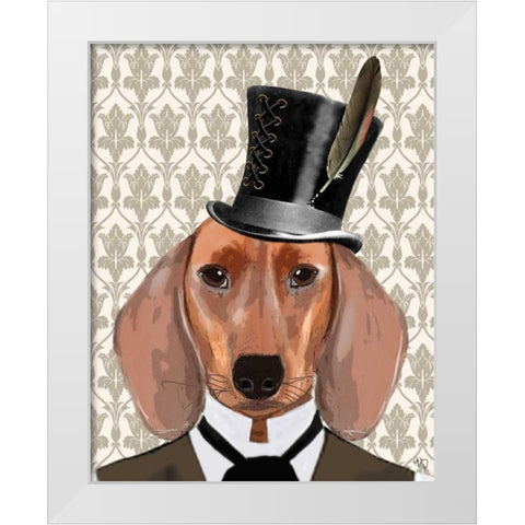 Dachshund Dog With Top Hat White Modern Wood Framed Art Print by Fab Funky