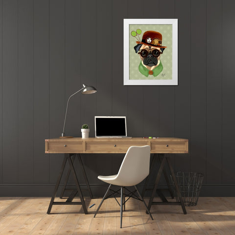 Pug With Steampunk Bowler Hat White Modern Wood Framed Art Print by Fab Funky
