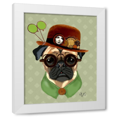 Pug With Steampunk Bowler Hat White Modern Wood Framed Art Print by Fab Funky
