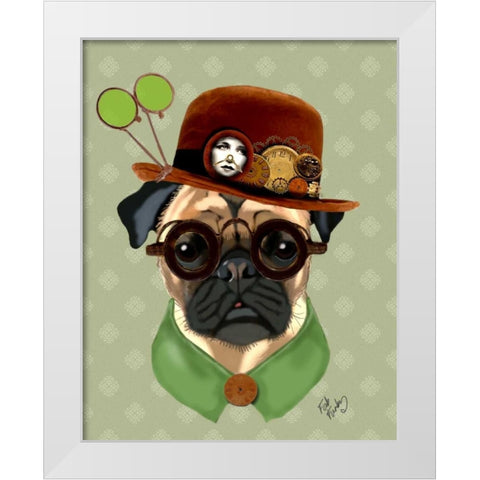 Pug With Steampunk Bowler Hat White Modern Wood Framed Art Print by Fab Funky