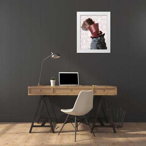 Grey Cat With Steampunk Top Hat White Modern Wood Framed Art Print by Fab Funky