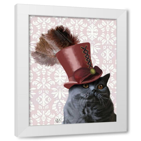 Grey Cat With Steampunk Top Hat White Modern Wood Framed Art Print by Fab Funky