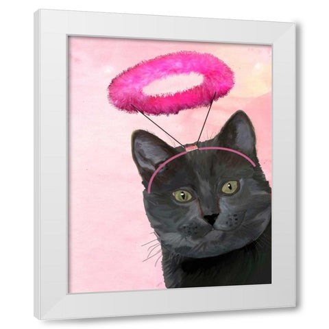 Black Cat With Pink Angel Halo White Modern Wood Framed Art Print by Fab Funky