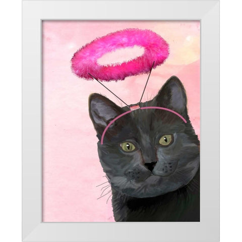 Black Cat With Pink Angel Halo White Modern Wood Framed Art Print by Fab Funky