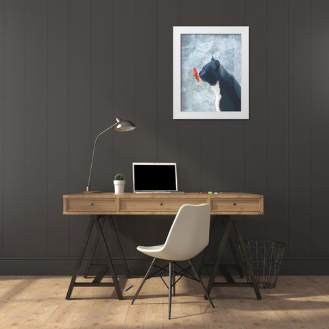 Black Cat Sniffing Flower White Modern Wood Framed Art Print by Fab Funky