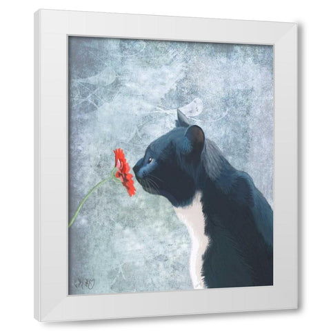 Black Cat Sniffing Flower White Modern Wood Framed Art Print by Fab Funky