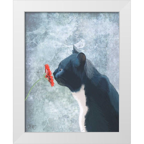 Black Cat Sniffing Flower White Modern Wood Framed Art Print by Fab Funky