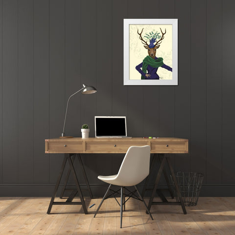 Deer and Fascinator White Modern Wood Framed Art Print by Fab Funky