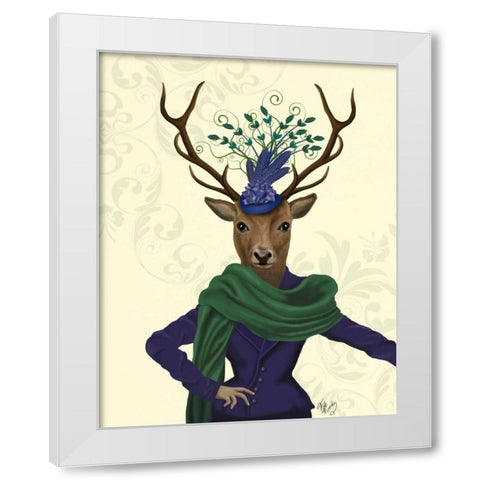 Deer and Fascinator White Modern Wood Framed Art Print by Fab Funky