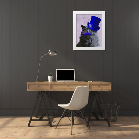 Grey Cat With Blue Top Hat and Moustache White Modern Wood Framed Art Print by Fab Funky