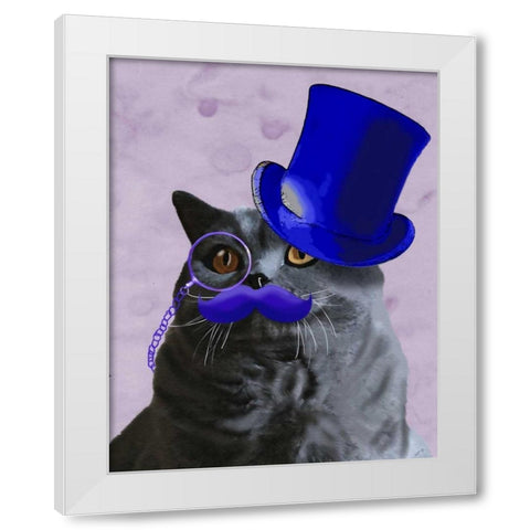 Grey Cat With Blue Top Hat and Moustache White Modern Wood Framed Art Print by Fab Funky