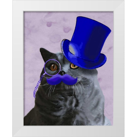 Grey Cat With Blue Top Hat and Moustache White Modern Wood Framed Art Print by Fab Funky