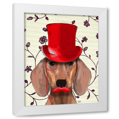 Dachshund With Red Top Hat White Modern Wood Framed Art Print by Fab Funky