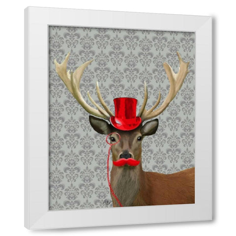 Deer With Red Hat and Moustache White Modern Wood Framed Art Print by Fab Funky
