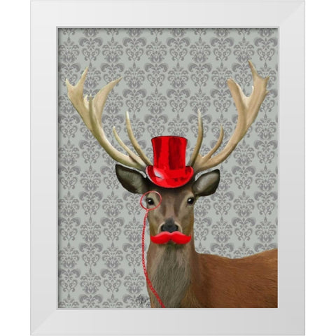 Deer With Red Hat and Moustache White Modern Wood Framed Art Print by Fab Funky
