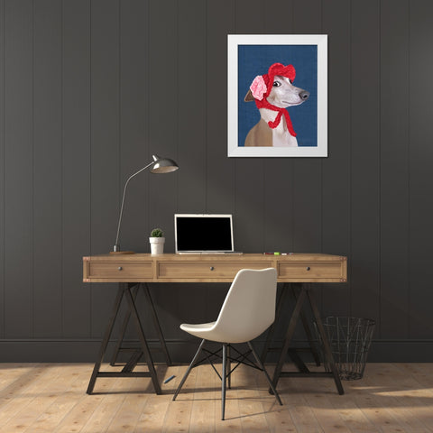 Greyhound with Red Woolly Hat White Modern Wood Framed Art Print by Fab Funky