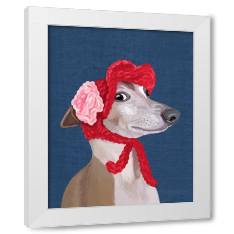 Greyhound with Red Woolly Hat White Modern Wood Framed Art Print by Fab Funky