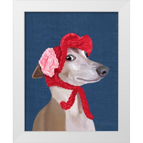 Greyhound with Red Woolly Hat White Modern Wood Framed Art Print by Fab Funky