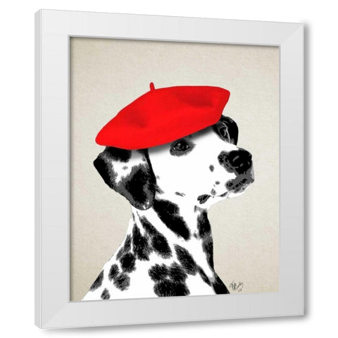 Dalmatian With Red Beret White Modern Wood Framed Art Print by Fab Funky