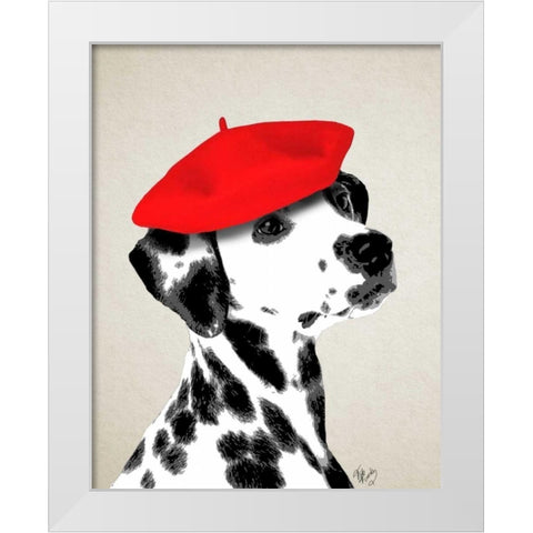 Dalmatian With Red Beret White Modern Wood Framed Art Print by Fab Funky