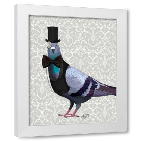 Pigeon in Waistcoat and Top Hat White Modern Wood Framed Art Print by Fab Funky