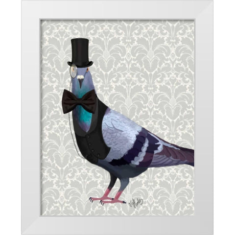 Pigeon in Waistcoat and Top Hat White Modern Wood Framed Art Print by Fab Funky