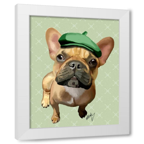 Brown French Bulldog with Green Hat White Modern Wood Framed Art Print by Fab Funky