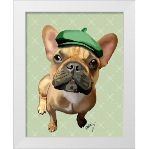 Brown French Bulldog with Green Hat White Modern Wood Framed Art Print by Fab Funky