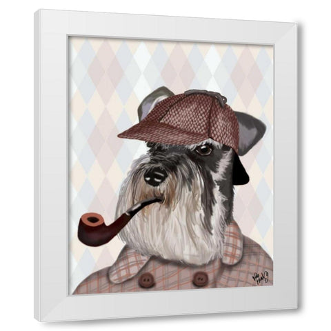 Schnauzer Sherlock White Modern Wood Framed Art Print by Fab Funky