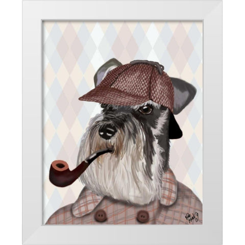 Schnauzer Sherlock White Modern Wood Framed Art Print by Fab Funky