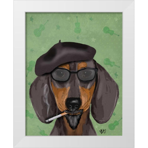 Hipster Dachshund White Modern Wood Framed Art Print by Fab Funky