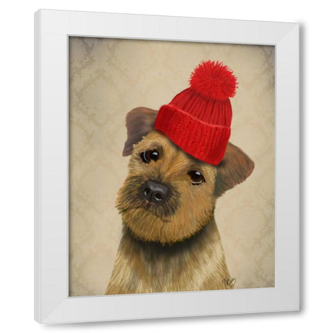 Border Terrier with Red Bobble Hat White Modern Wood Framed Art Print by Fab Funky