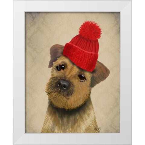 Border Terrier with Red Bobble Hat White Modern Wood Framed Art Print by Fab Funky
