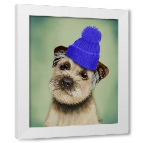 Border Terrier with Blue Bobble Hat White Modern Wood Framed Art Print by Fab Funky