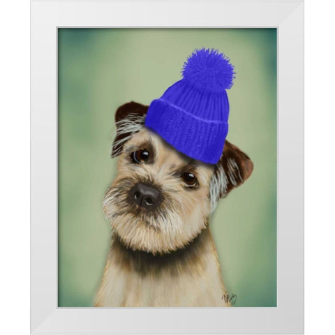 Border Terrier with Blue Bobble Hat White Modern Wood Framed Art Print by Fab Funky