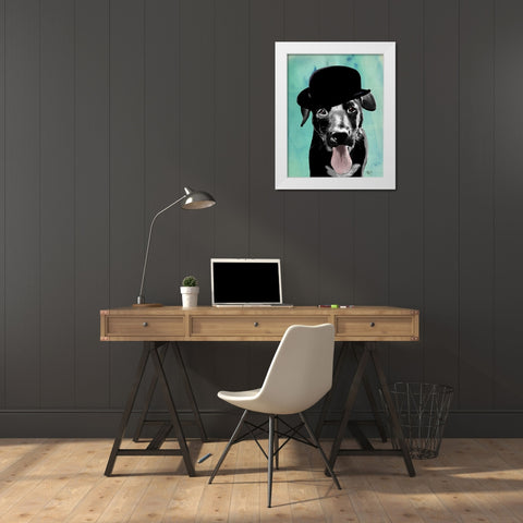 Black Labrador in Bowler Hat White Modern Wood Framed Art Print by Fab Funky