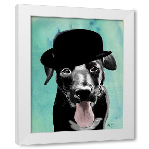 Black Labrador in Bowler Hat White Modern Wood Framed Art Print by Fab Funky